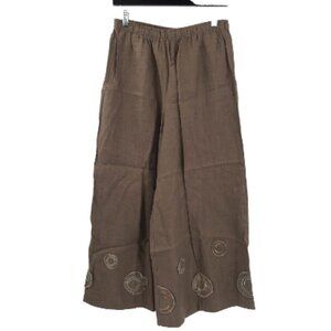 DESIGN TODAYS Linen Pants Brown Wide Leg Pull On Applique Art to Wear L USA Pant